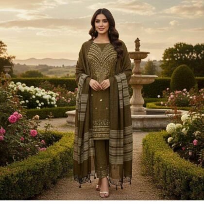 Elegant Embroidered 3-Piece Unstitched Suit with Printed Shawl
