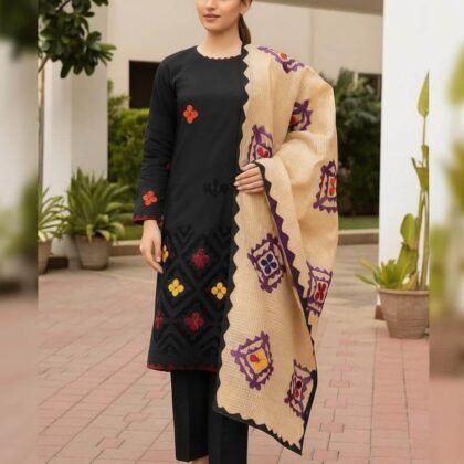 3-Piece Embroidered Khaddar Applique Unstitched Suit with Matching Shawl